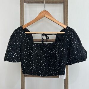 Midnight Sky Black White Polka Dot Smocked Puff Sleeve Crop Top Size S Coquette